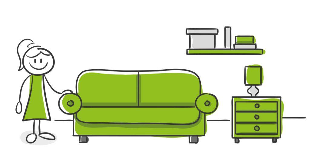 Cartoon female with green couch and living room looking to move her items