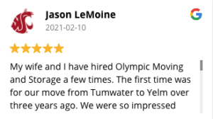 5-star review from a satisfied customer moving from Tumwater to Yelm