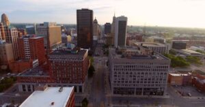 A bird's-eye view of the city of Spokane showcases the urban landscape from above and spotlights the city of Spokane. Spokane movers.