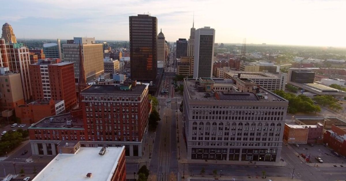 A bird's-eye view of the city of Spokane showcases the urban landscape from above and spotlights the city of Spokane. Spokane movers.