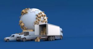 Moving trucks with moving boxes drives around the globe, representing how to find international movers in Washington.