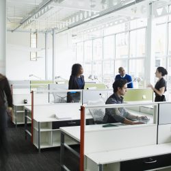 People collaborate in a modern office environment, discussing work at their desks in an open office space, representing commercial and office moving, for the Olympia moving company, Olympic Moving and Storage.